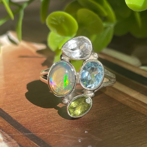 925 Sterling Silver natural Multi-Stone Fire Opal Ring,Topaz Peridot, OS - Picture 13 of 13